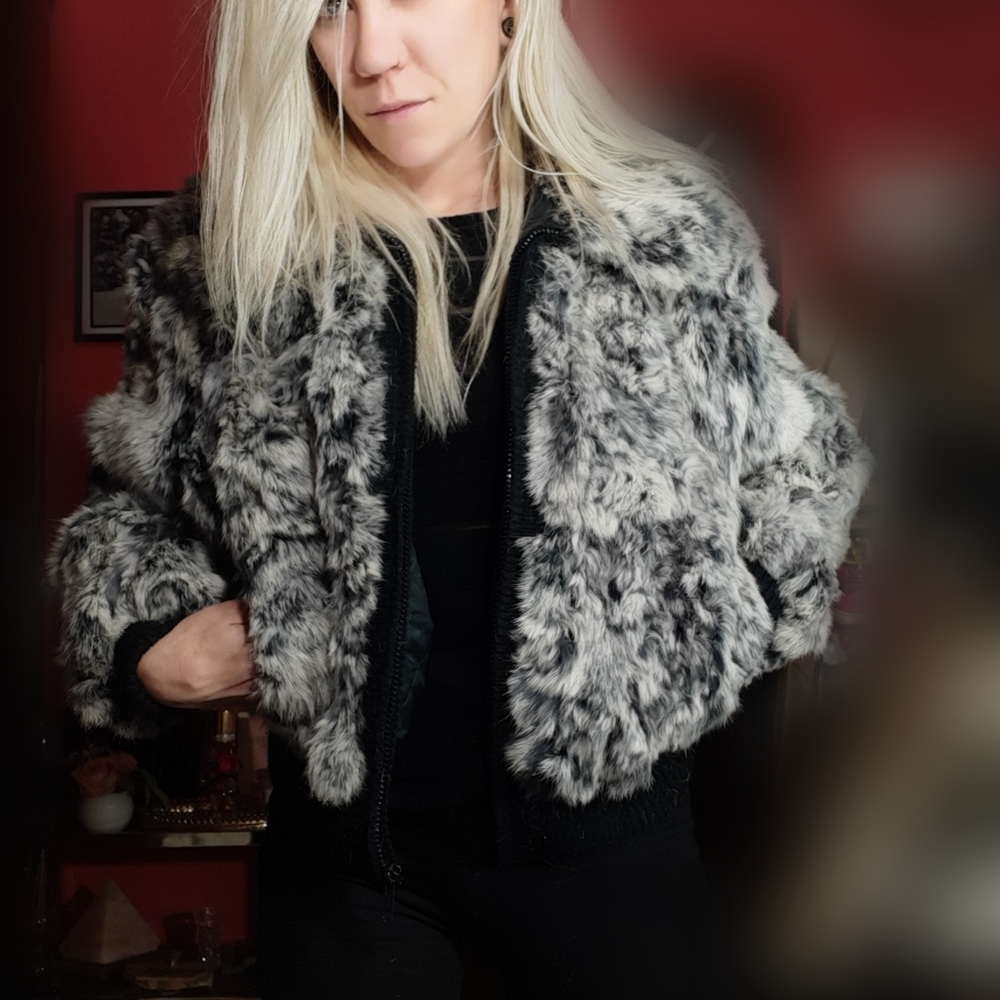 Vintage Authentic Rabbit Fur Bomber Style Jacket with Pockets Black White Grey